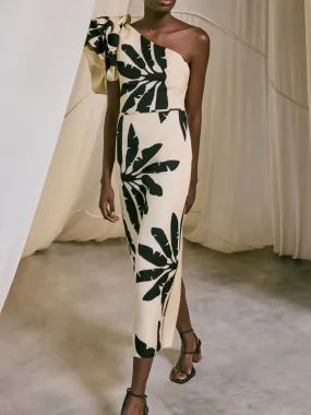 One-Shoulder Palm Print Dress