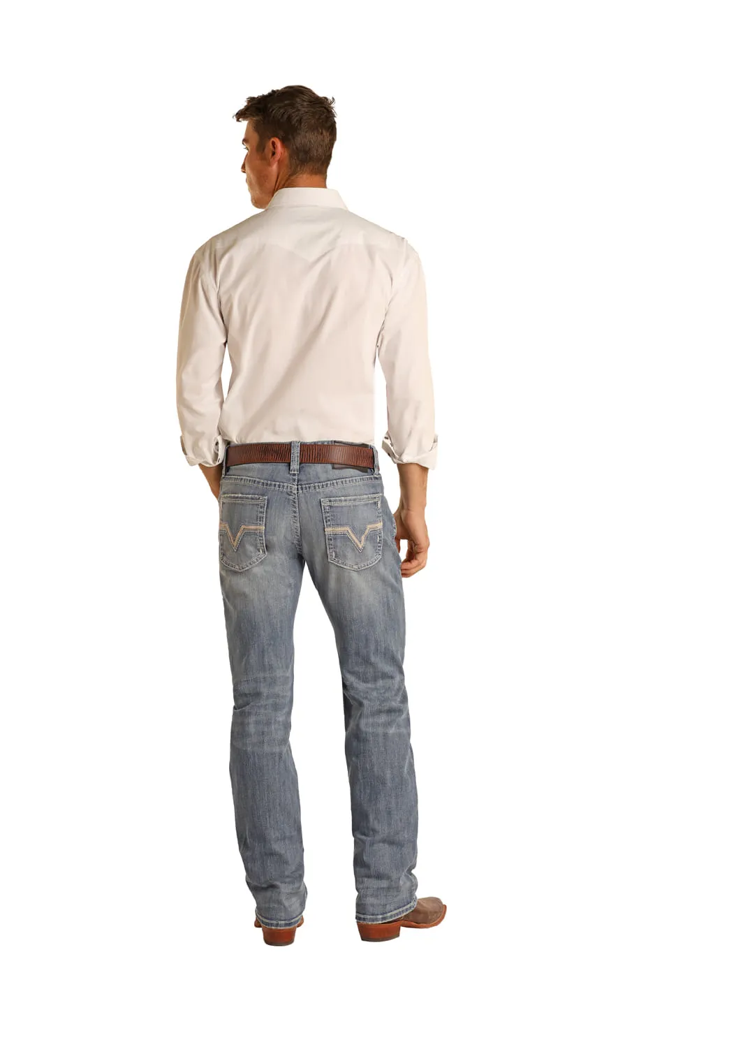 Mens Beige Leather V Pistol Jeans