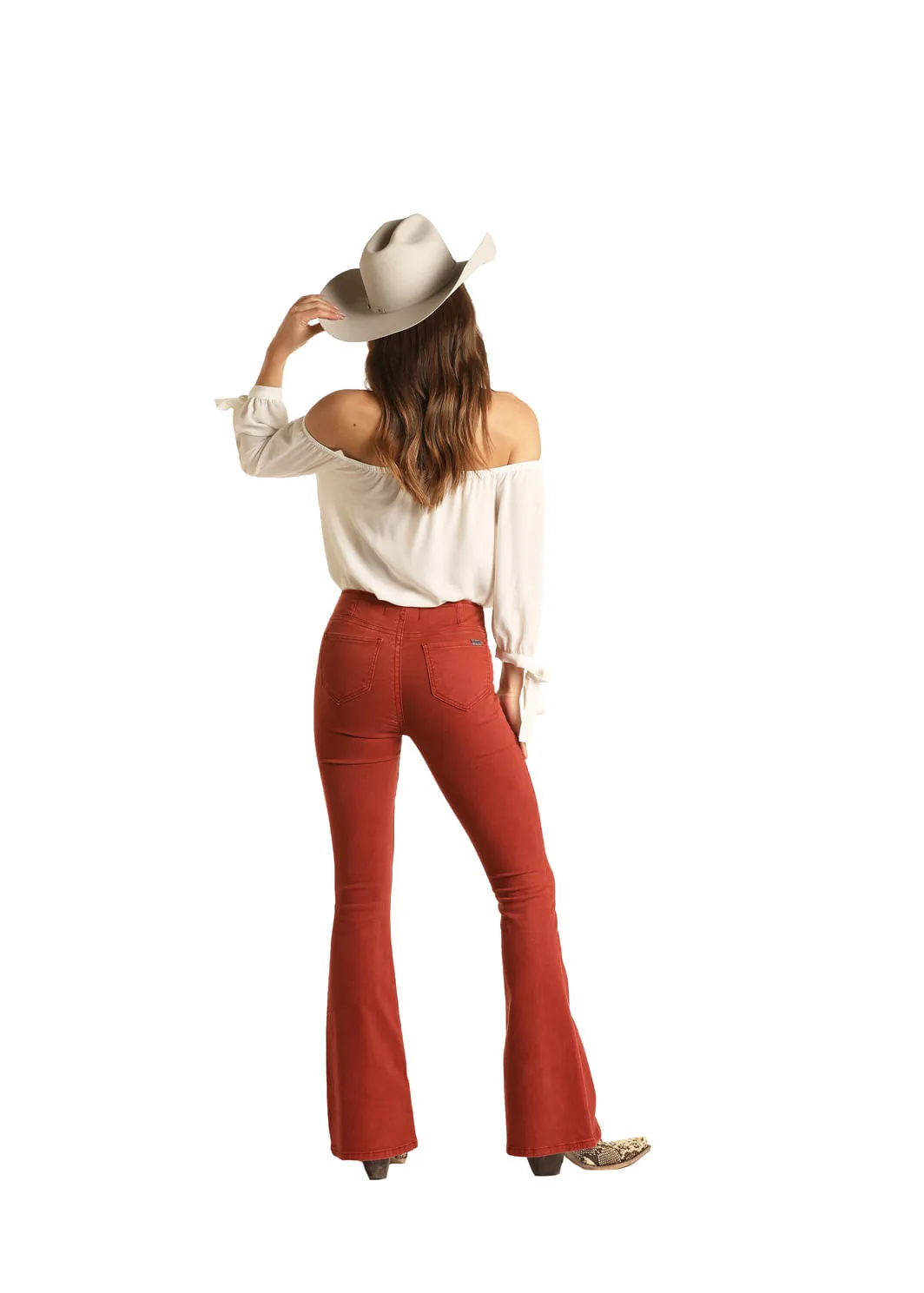 Womens Wine Pull On Flare Jeans