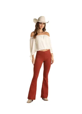 Womens Wine Pull On Flare Jeans