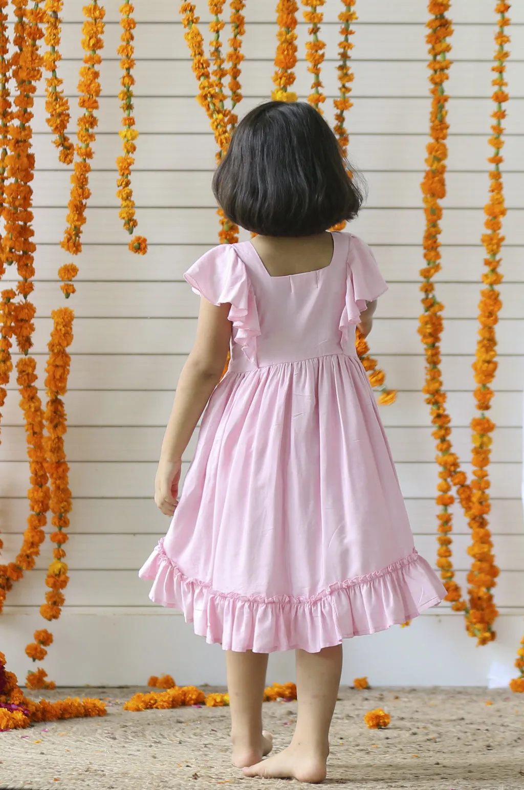 Pink Banarasi Cotton Ruffle Dress (Girl)