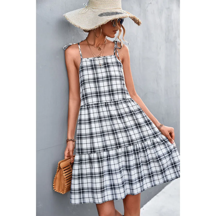 Plaid Tie-Shoulder Tiered Dress