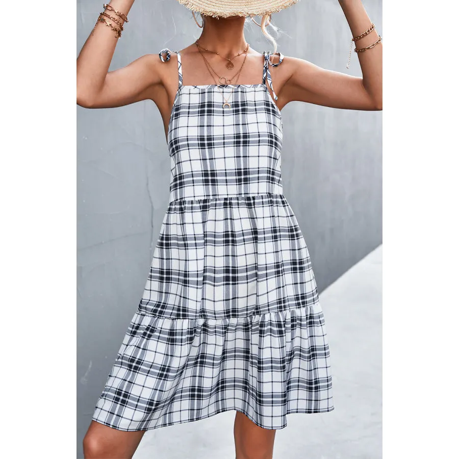 Plaid Tie-Shoulder Tiered Dress