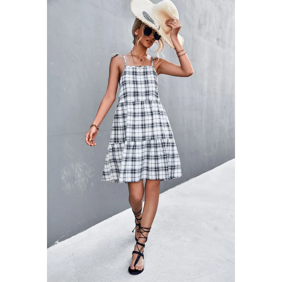 Plaid Tie-Shoulder Tiered Dress