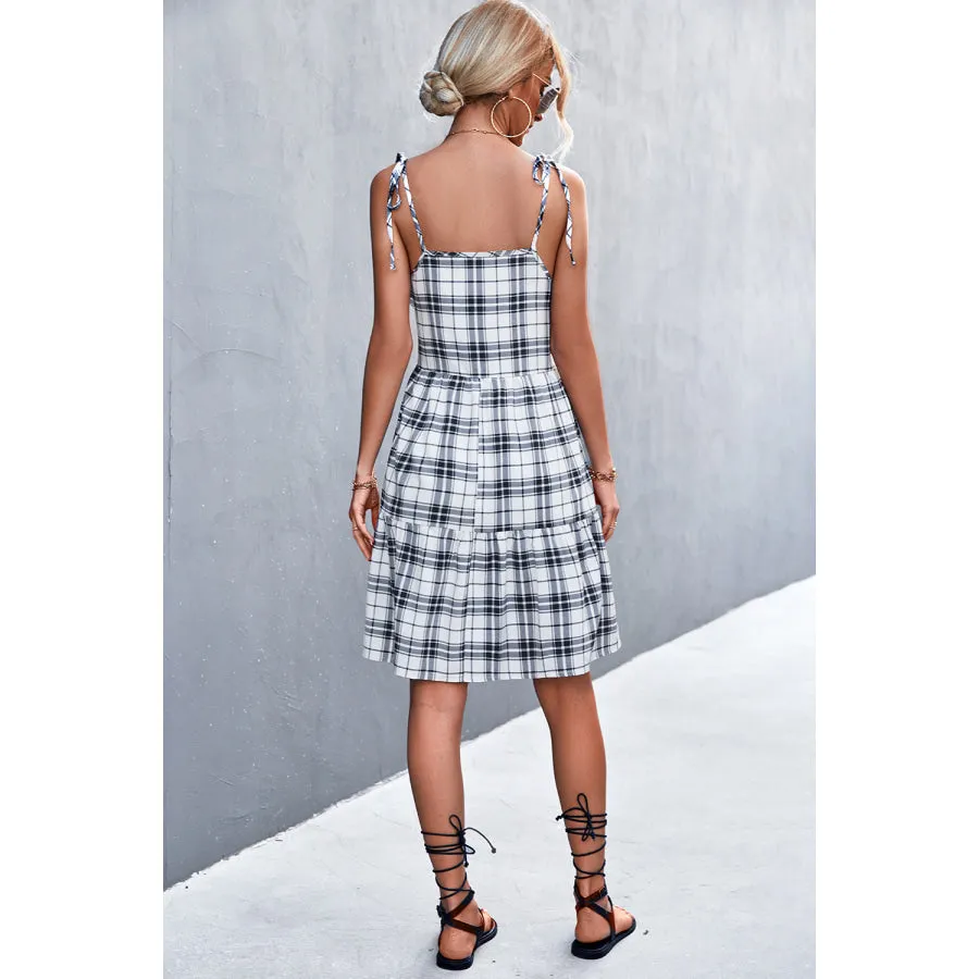 Plaid Tie-Shoulder Tiered Dress