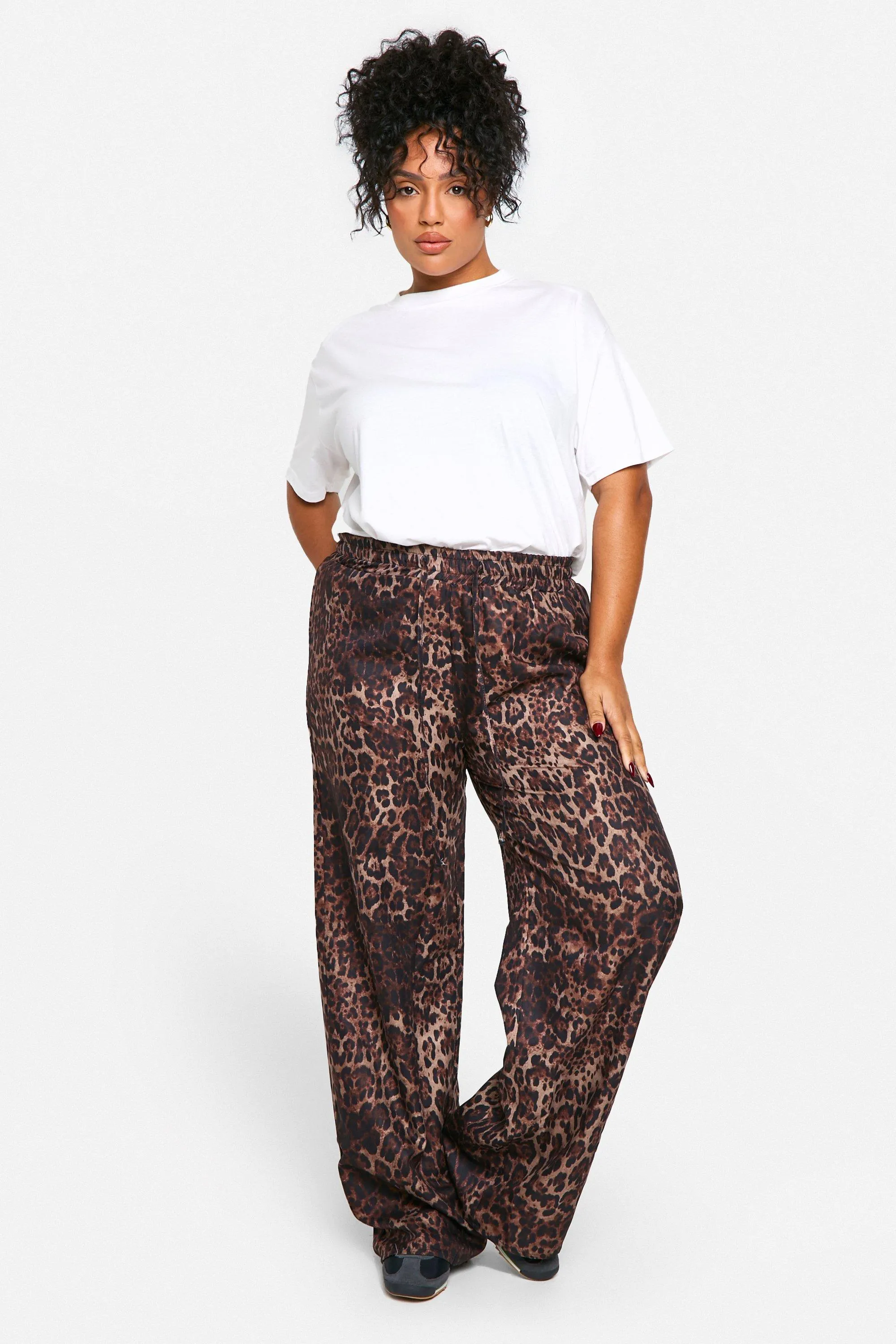 Plus Leopard Print Woven Drawstring Trousers