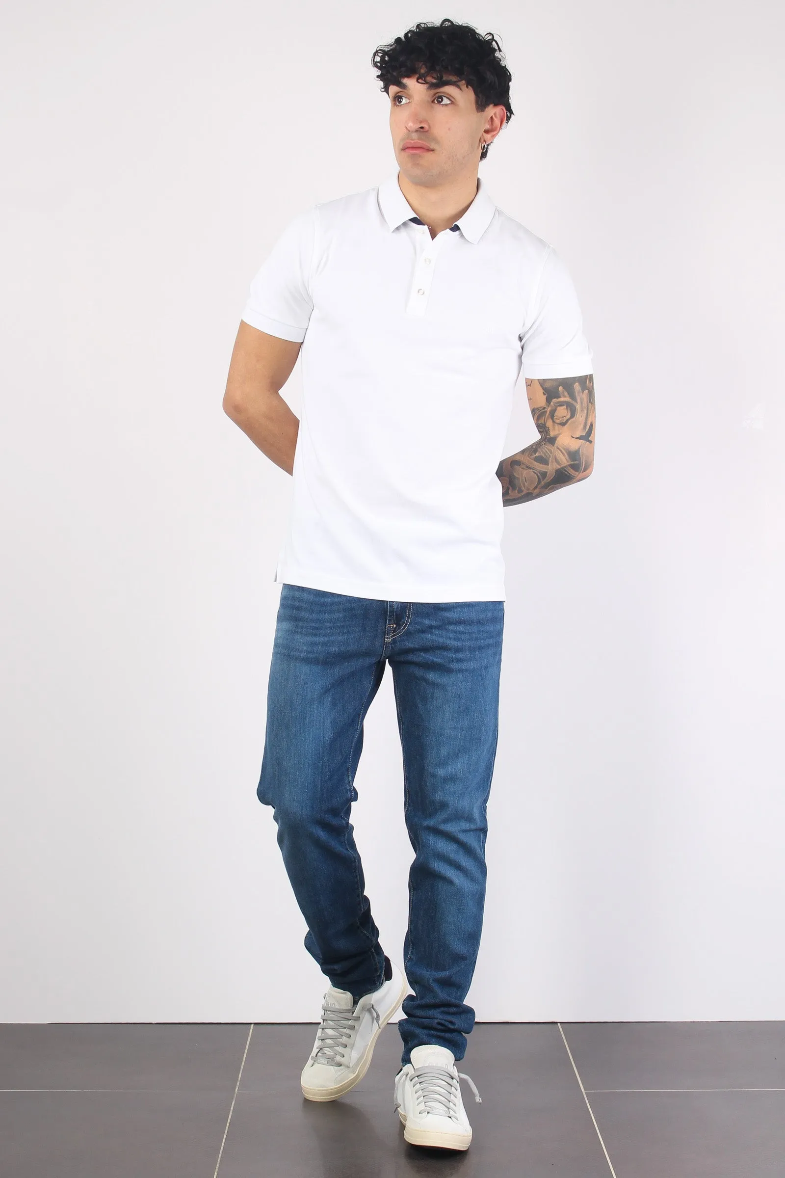 Piquet Polo with Double Collar in Bianco