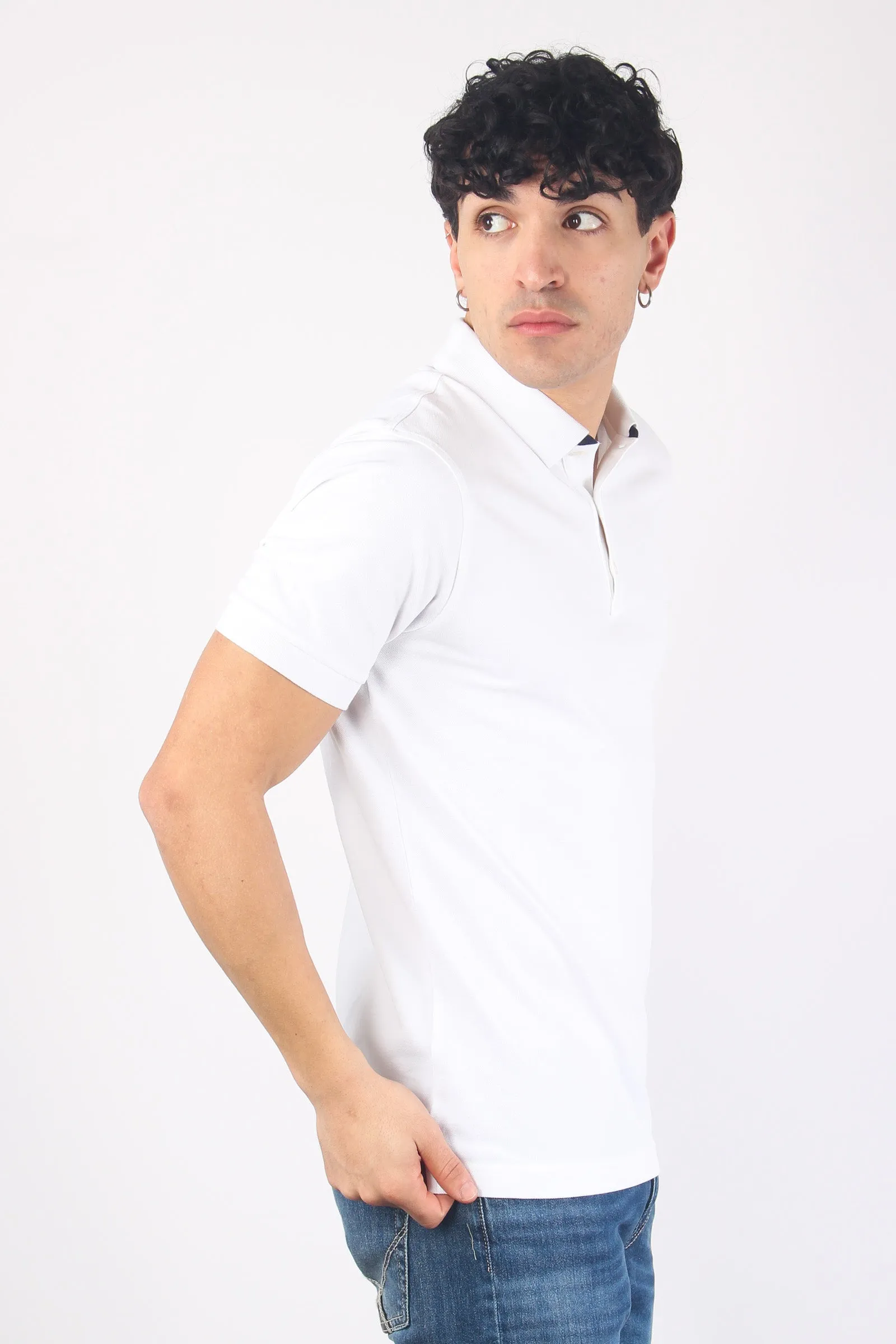 Piquet Polo with Double Collar in Bianco