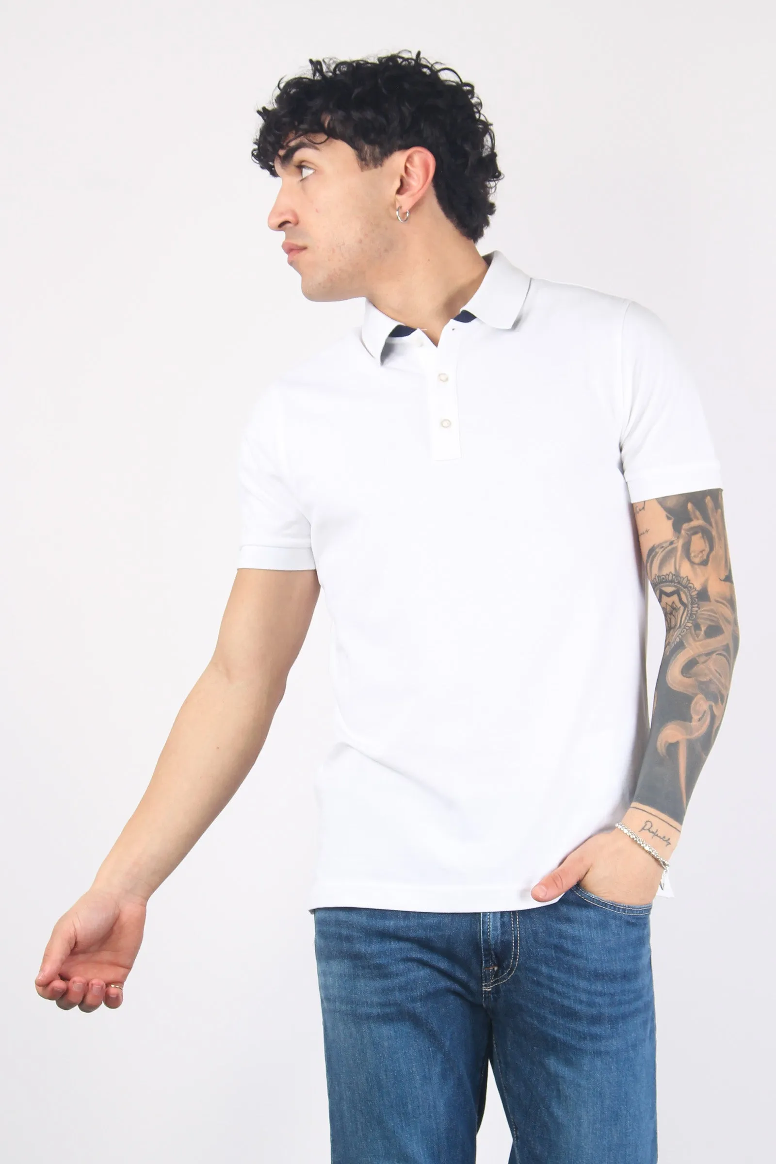 Piquet Polo with Double Collar in Bianco