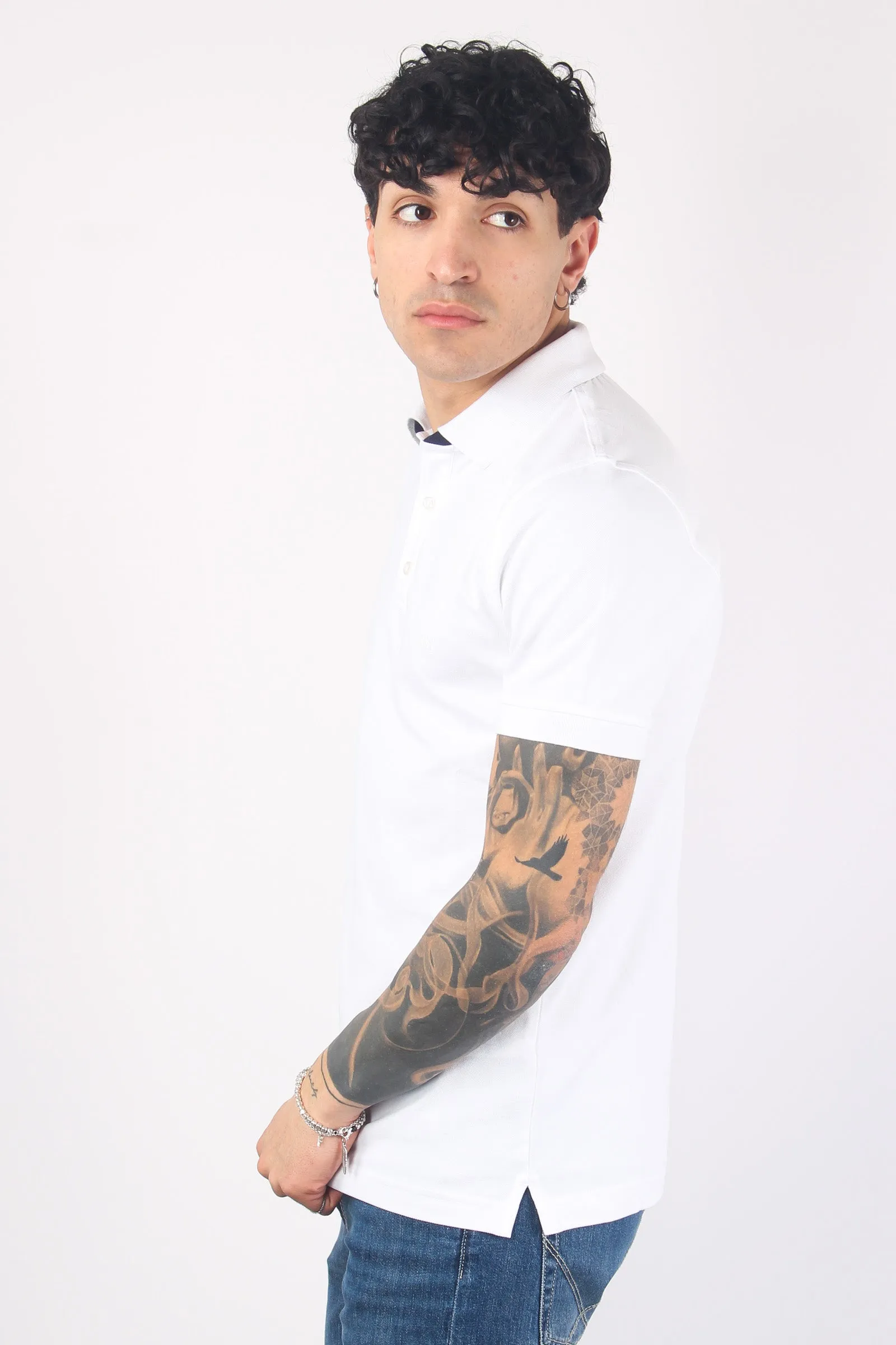 Piquet Polo with Double Collar in Bianco