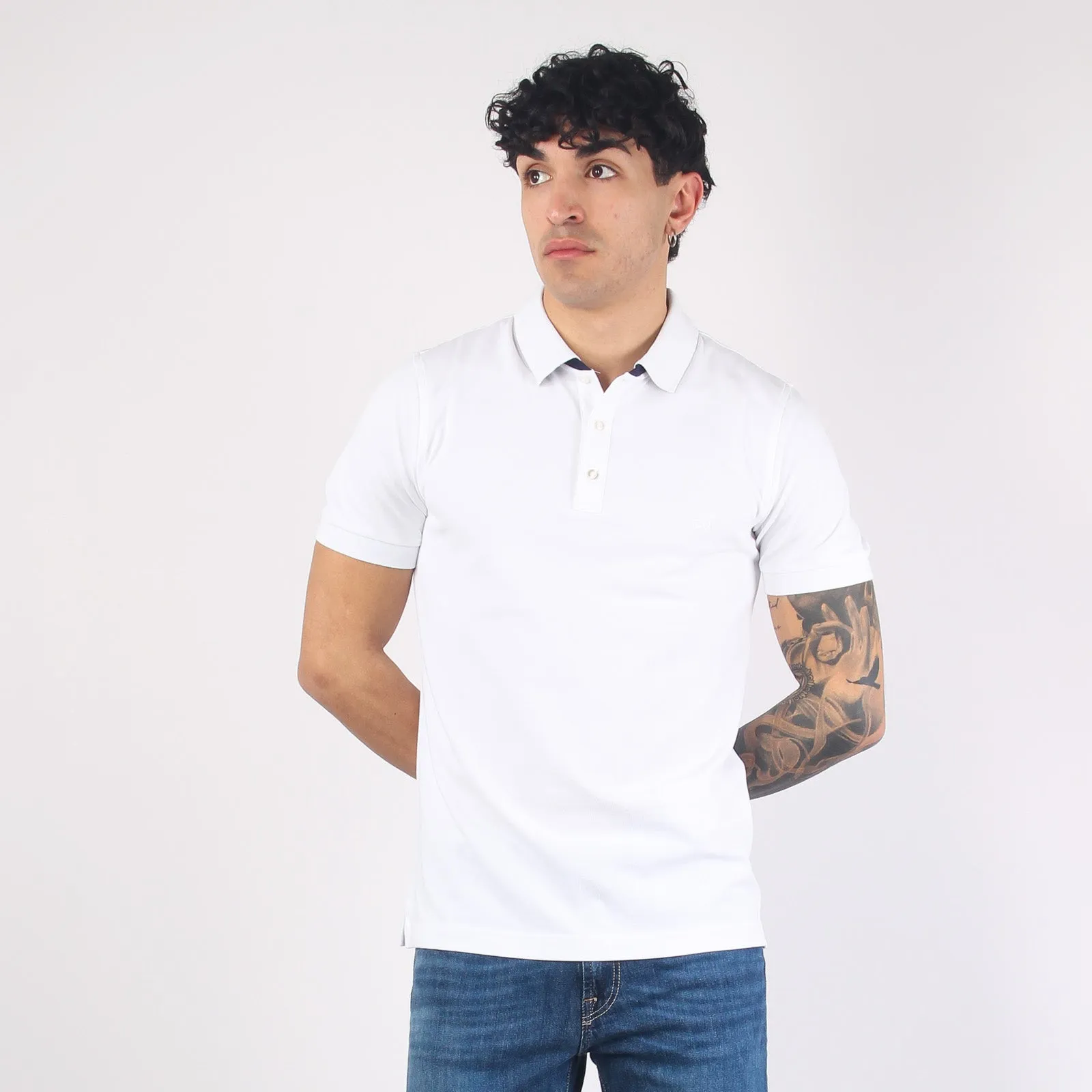 Piquet Polo with Double Collar in Bianco