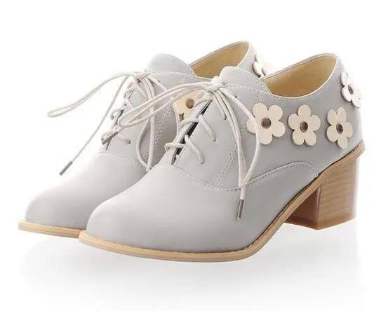 Purple Lavender White Flowers Floral Lace Up Heels Women Oxfords Shoes