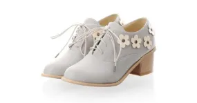 Purple Lavender White Flowers Floral Lace Up Heels Women Oxfords Shoes