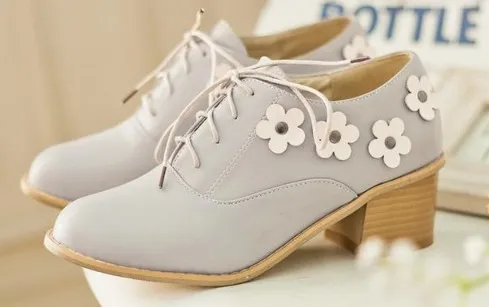 Purple Lavender White Flowers Floral Lace Up Heels Women Oxfords Shoes