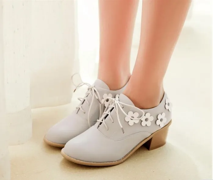 Purple Lavender White Flowers Floral Lace Up Heels Women Oxfords Shoes