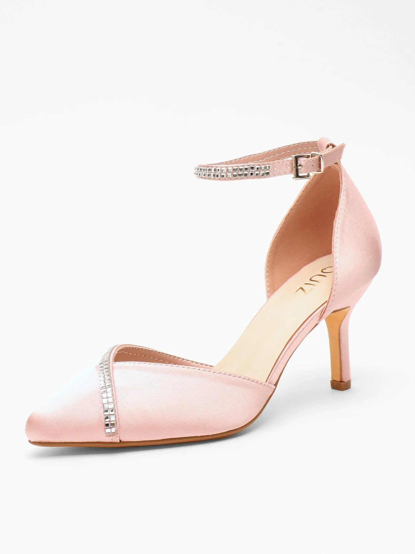 Quiz Pink Satin Diamante Trim Court Heels