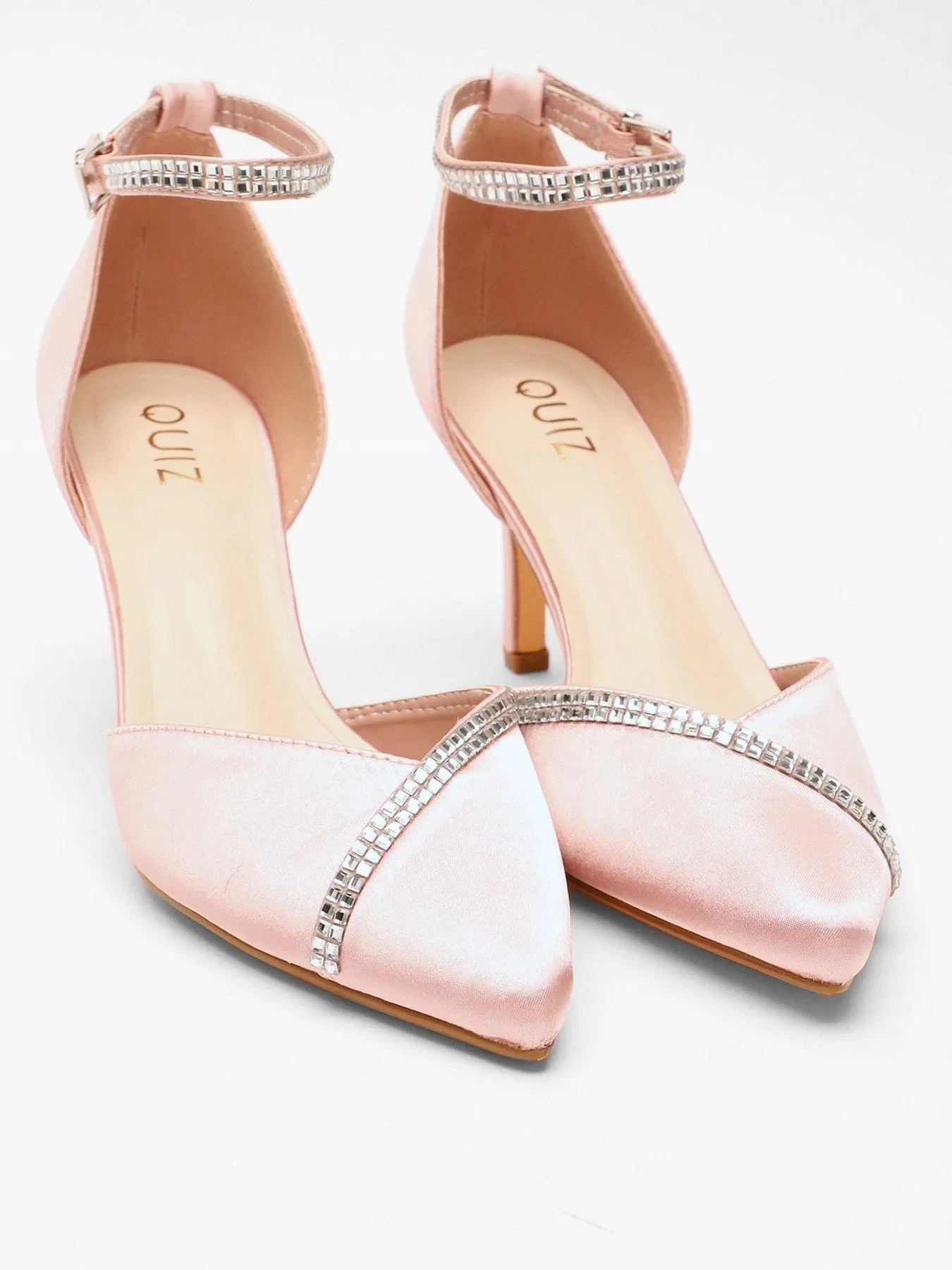 Quiz Pink Satin Diamante Trim Court Heels