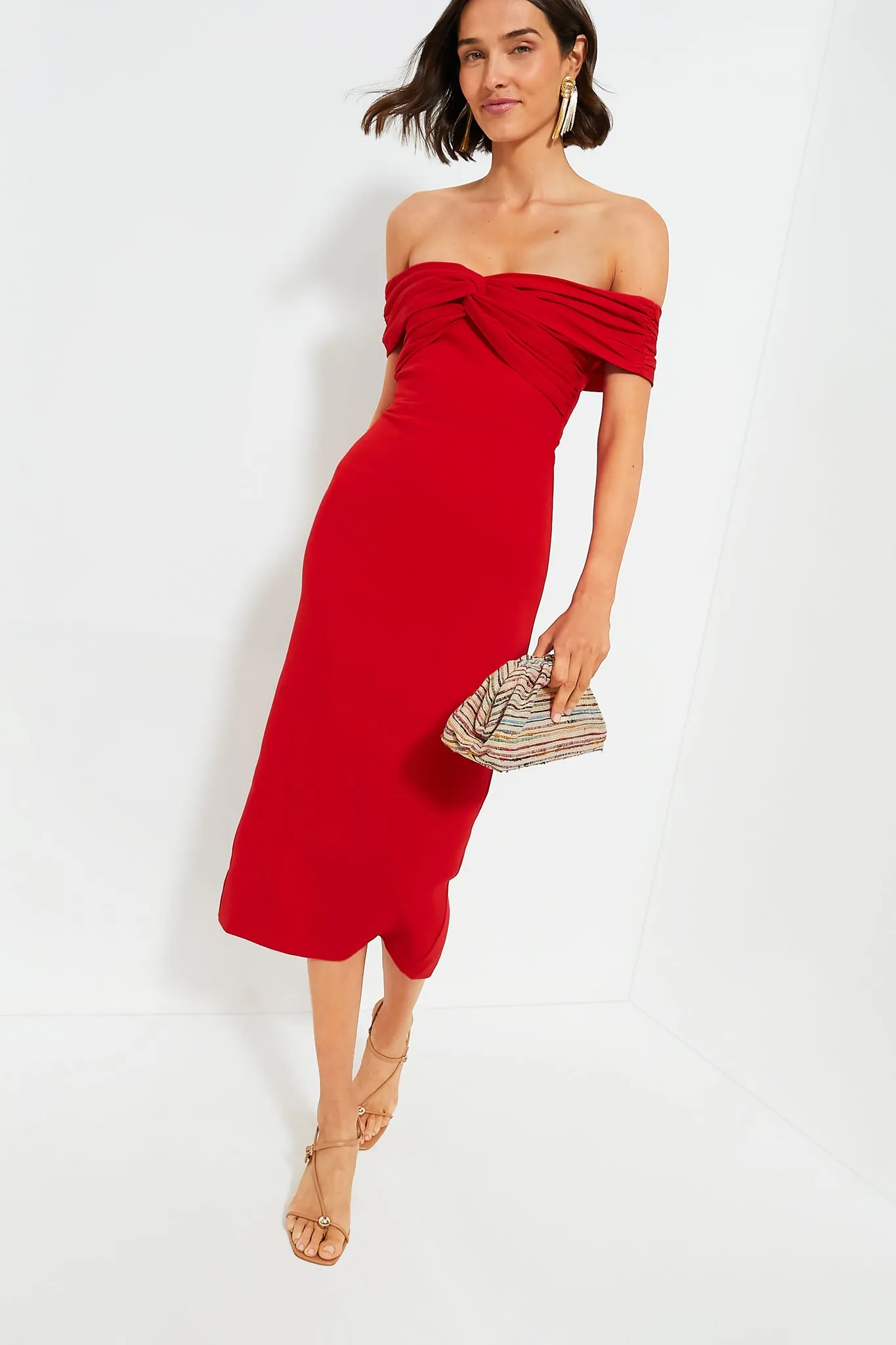 Red Off the Shoulder Midi Dress