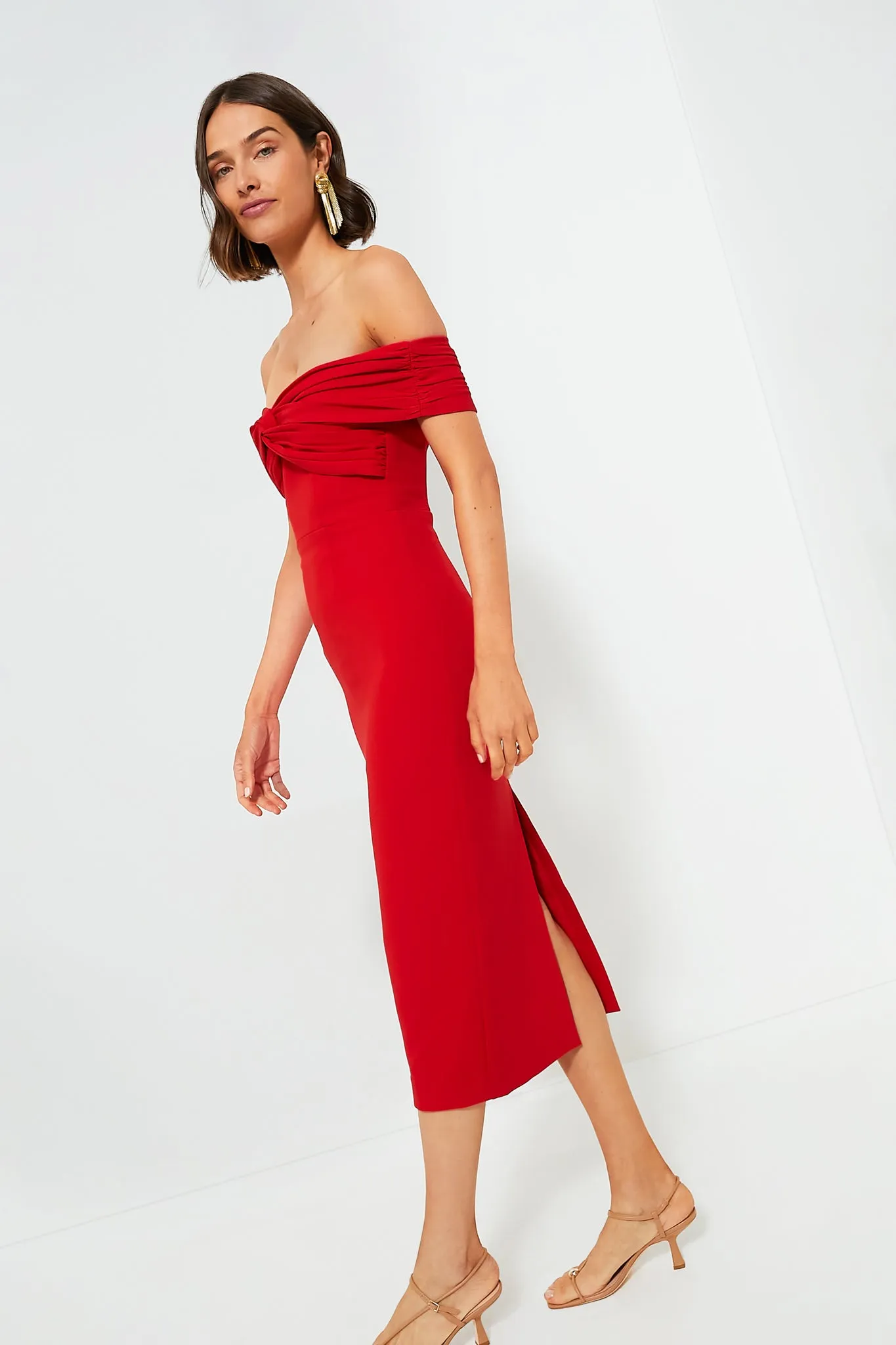 Red Off the Shoulder Midi Dress