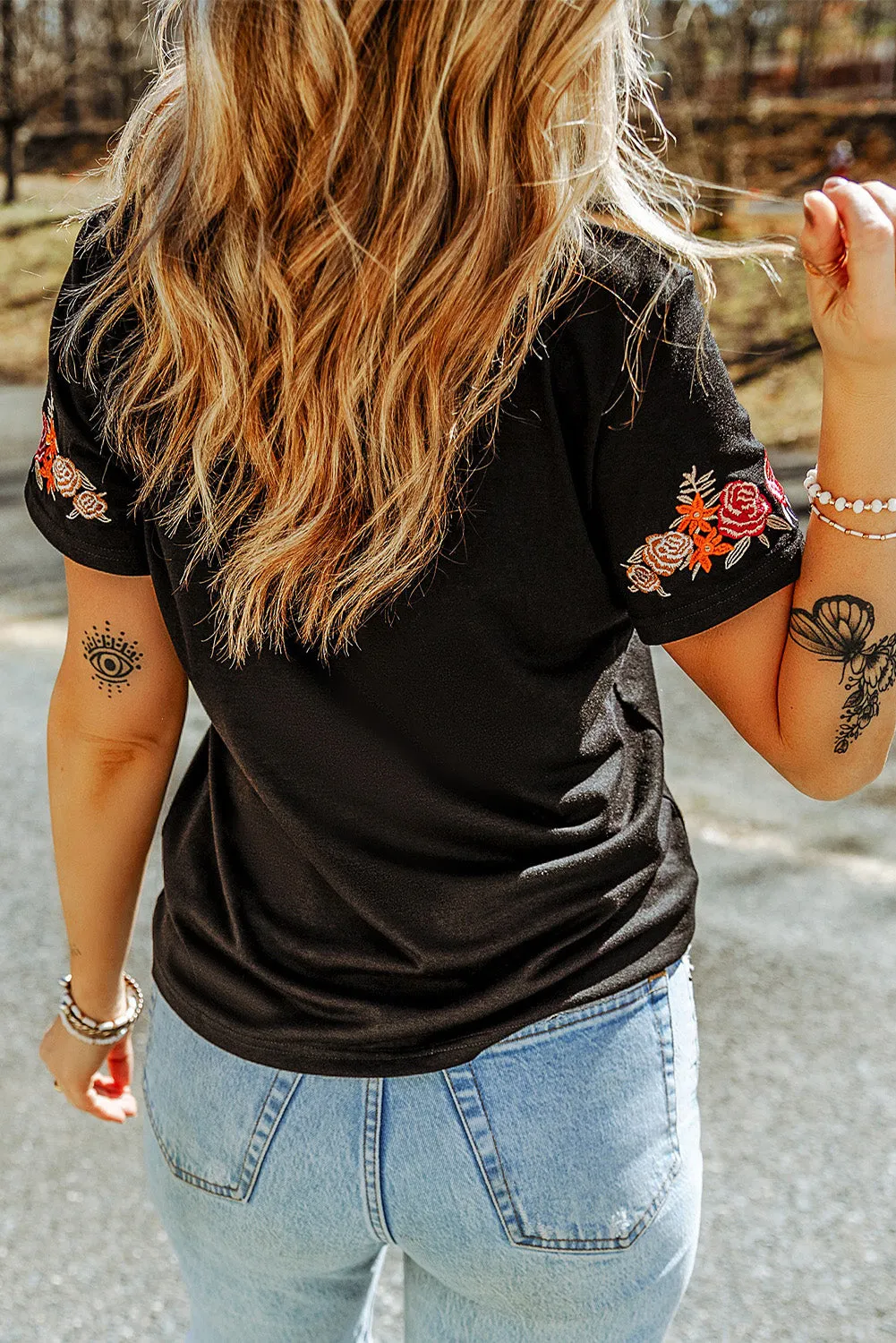 Red Rose Embroidered T-Shirt