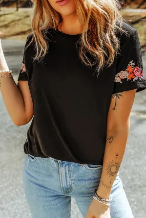 Red Rose Embroidered T-Shirt