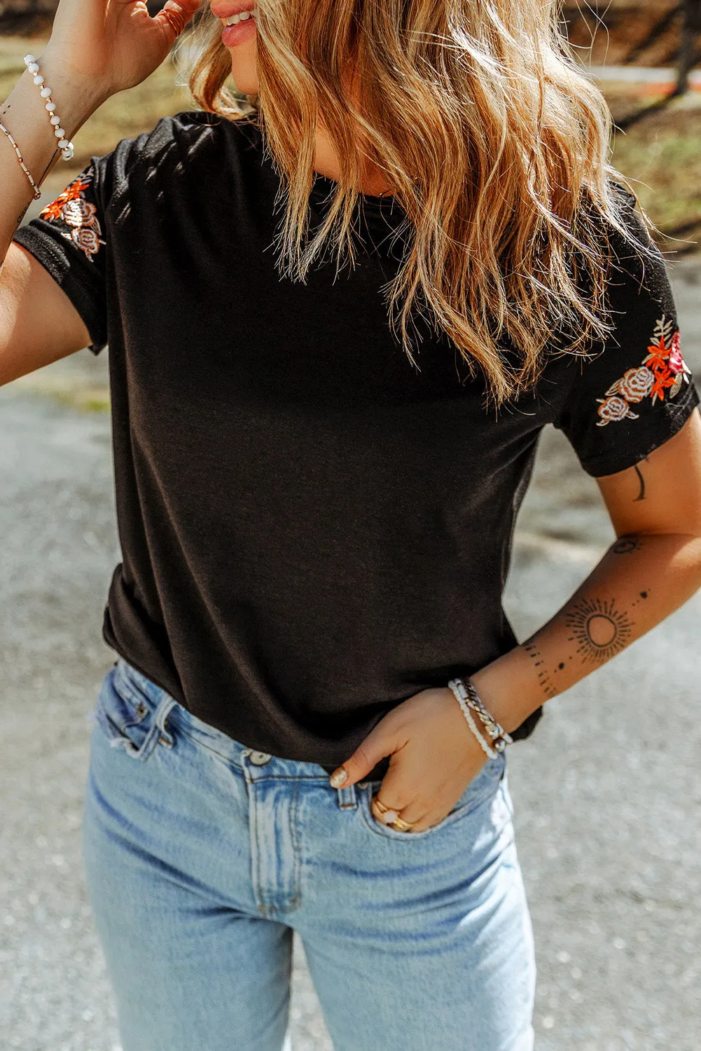 Red Rose Embroidered T-Shirt