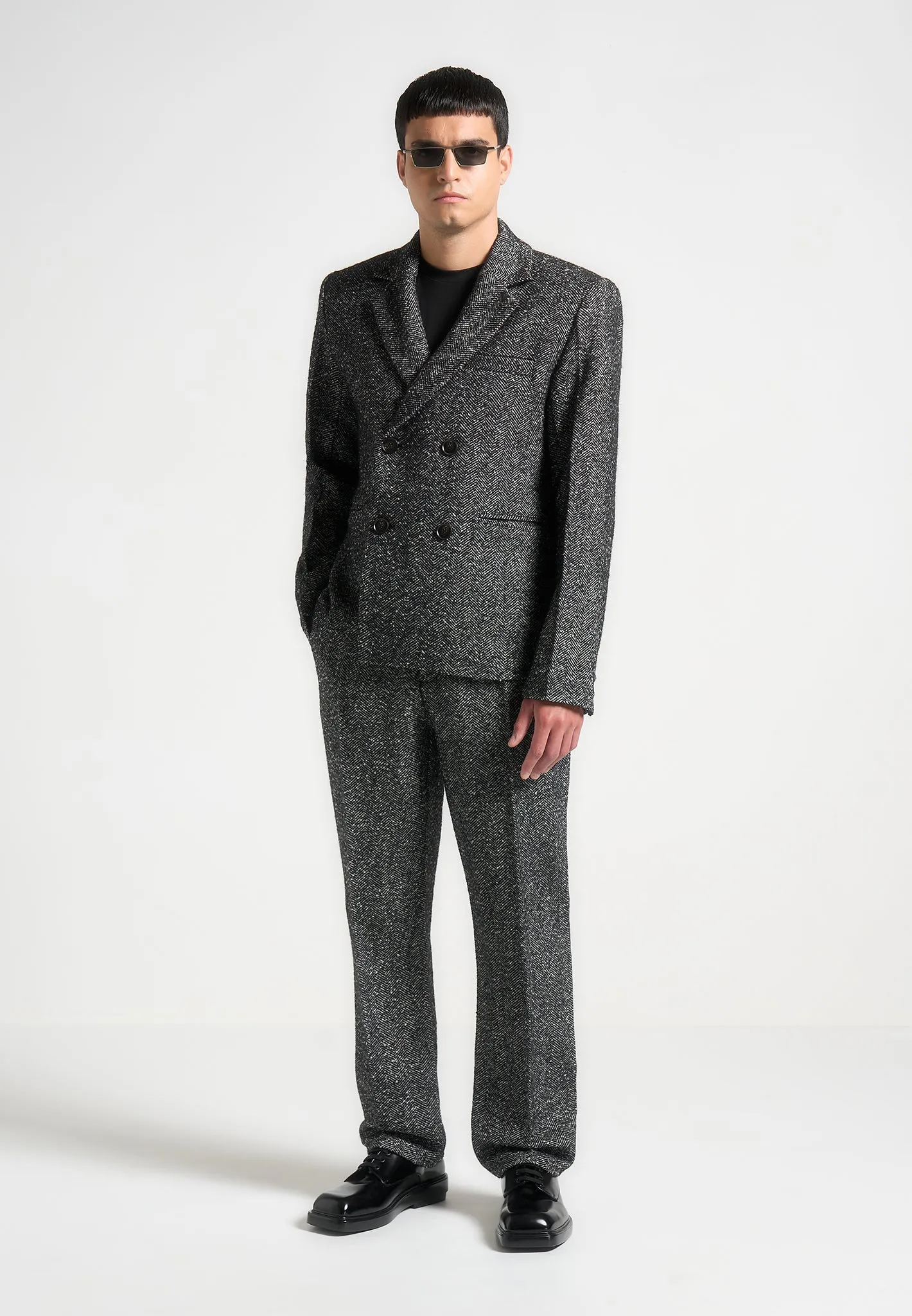 Regular Fit Herringbone Wool Blend Tailored Trousers - Black