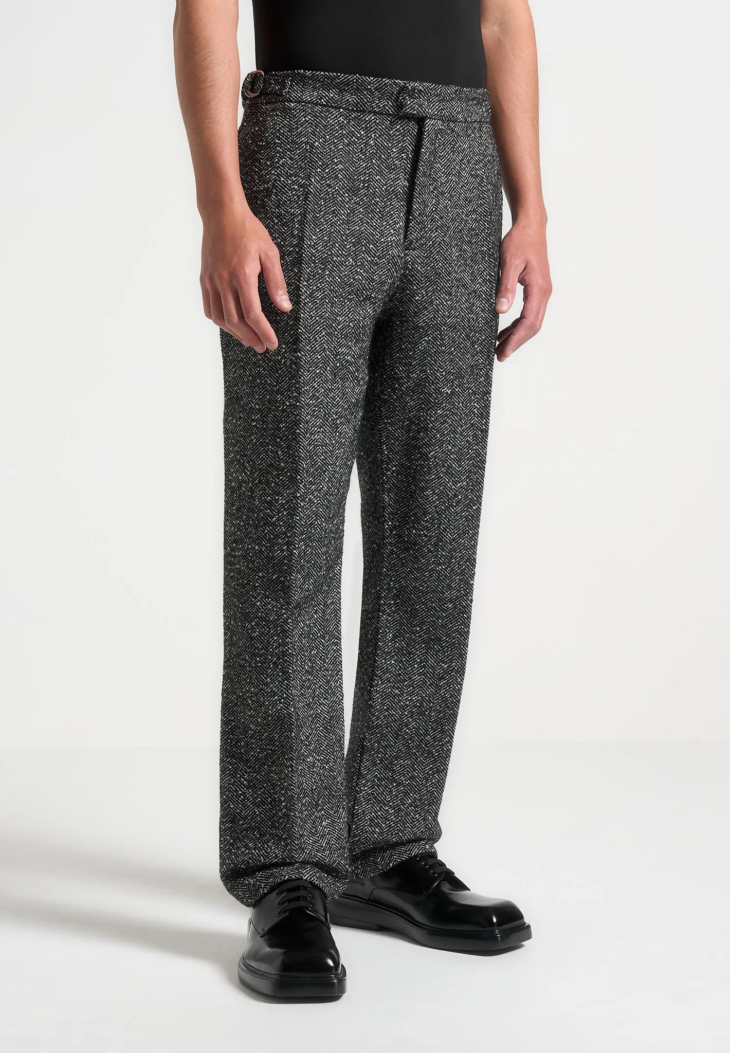 Regular Fit Herringbone Wool Blend Tailored Trousers - Black