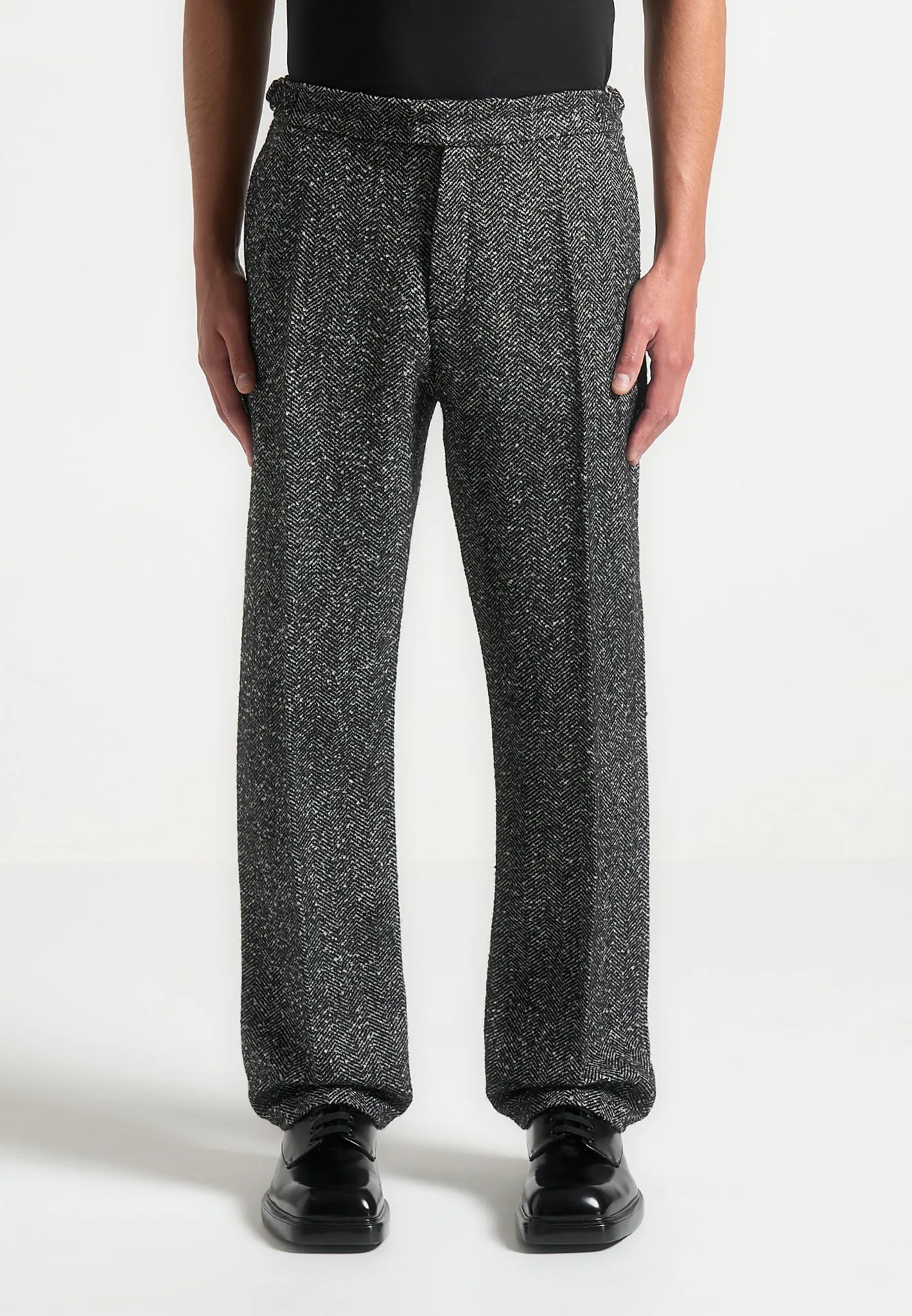 Regular Fit Herringbone Wool Blend Tailored Trousers - Black