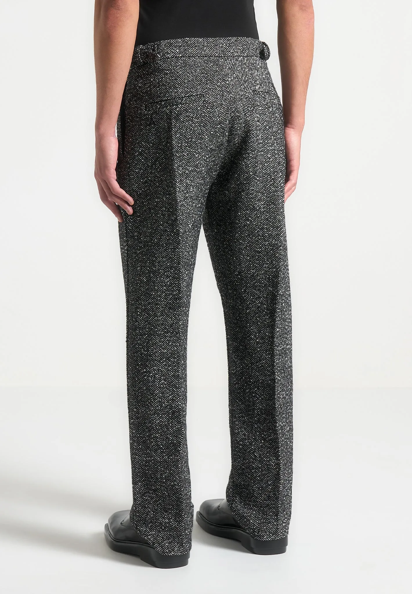 Regular Fit Herringbone Wool Blend Tailored Trousers - Black