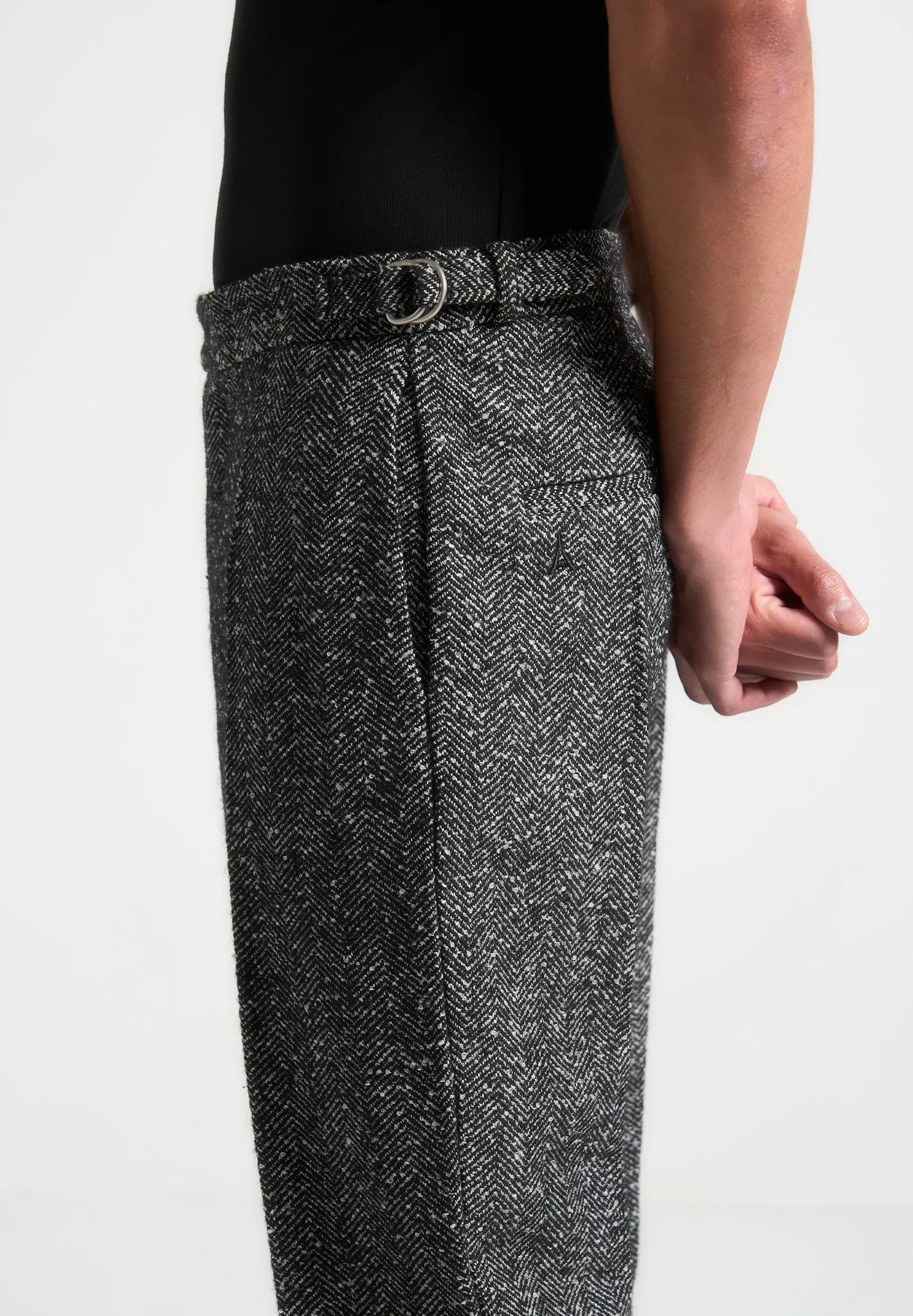 Regular Fit Herringbone Wool Blend Tailored Trousers - Black