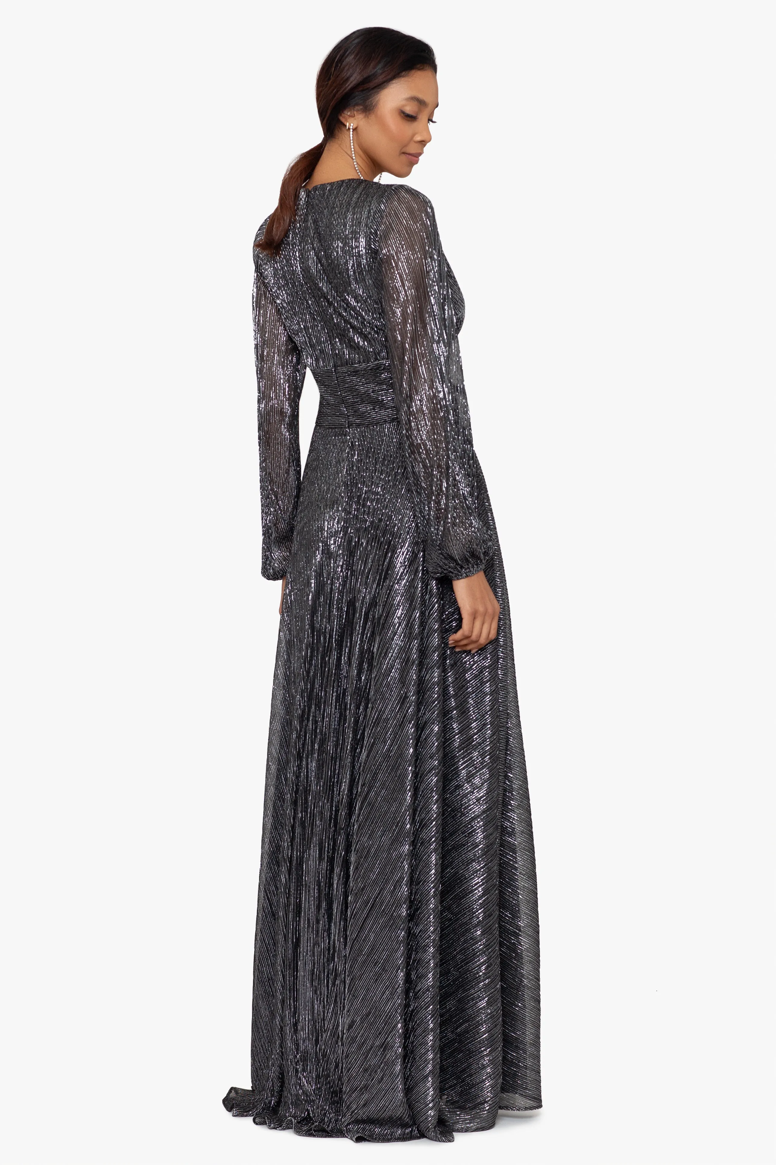 Long Sleeve V Neck Metallic Knit Wrap Dress