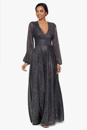 Long Sleeve V Neck Metallic Knit Wrap Dress