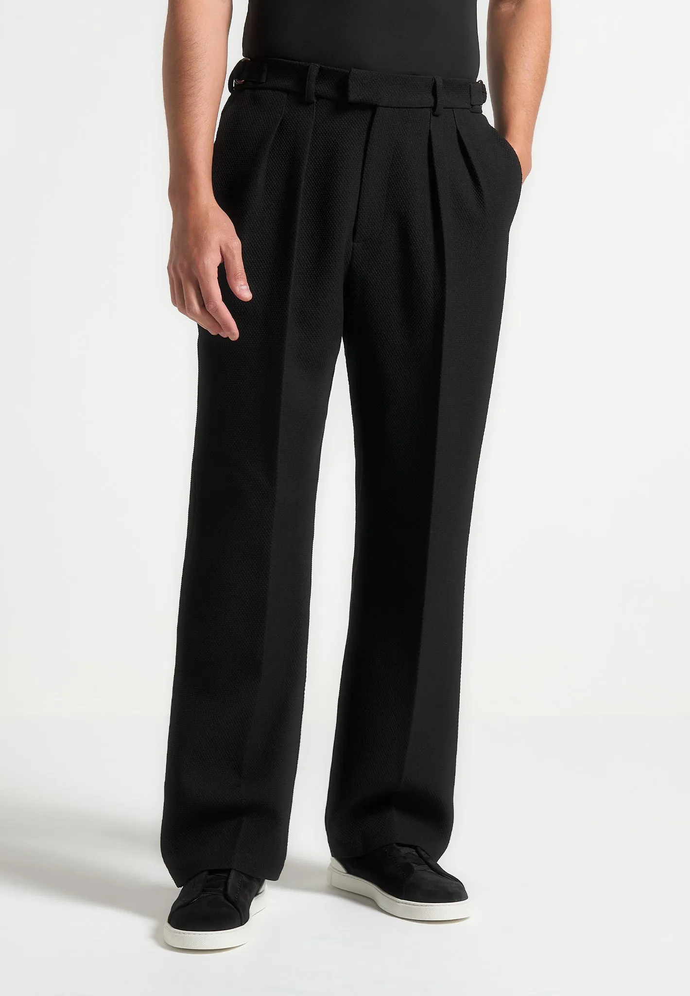 Relaxed Fit Textured Twin Pleat Tailored Trousers - Black