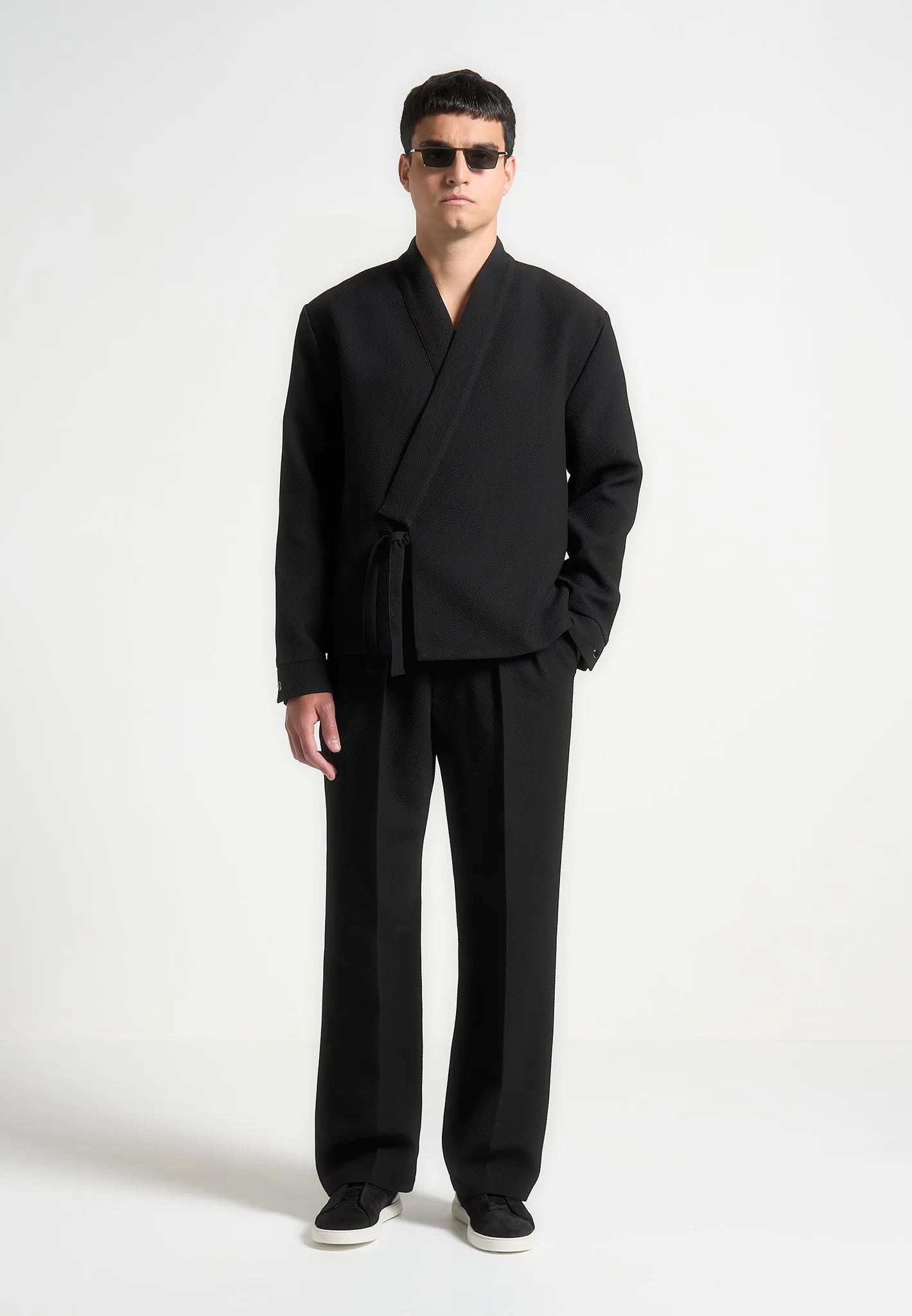 Relaxed Fit Textured Twin Pleat Tailored Trousers - Black