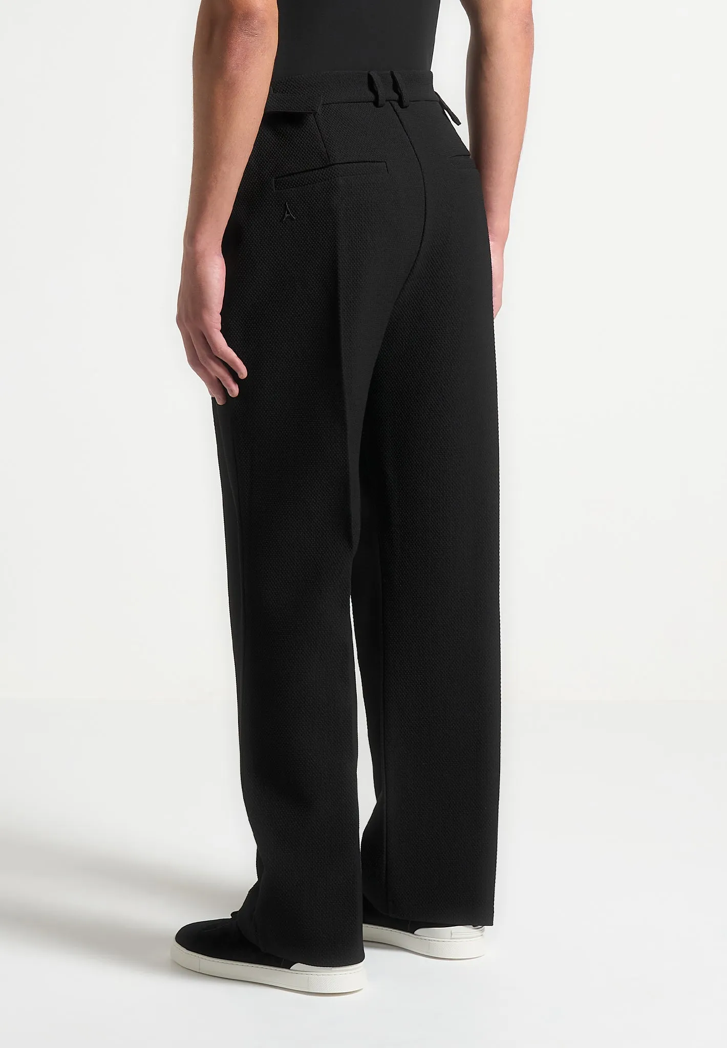 Relaxed Fit Textured Twin Pleat Tailored Trousers - Black