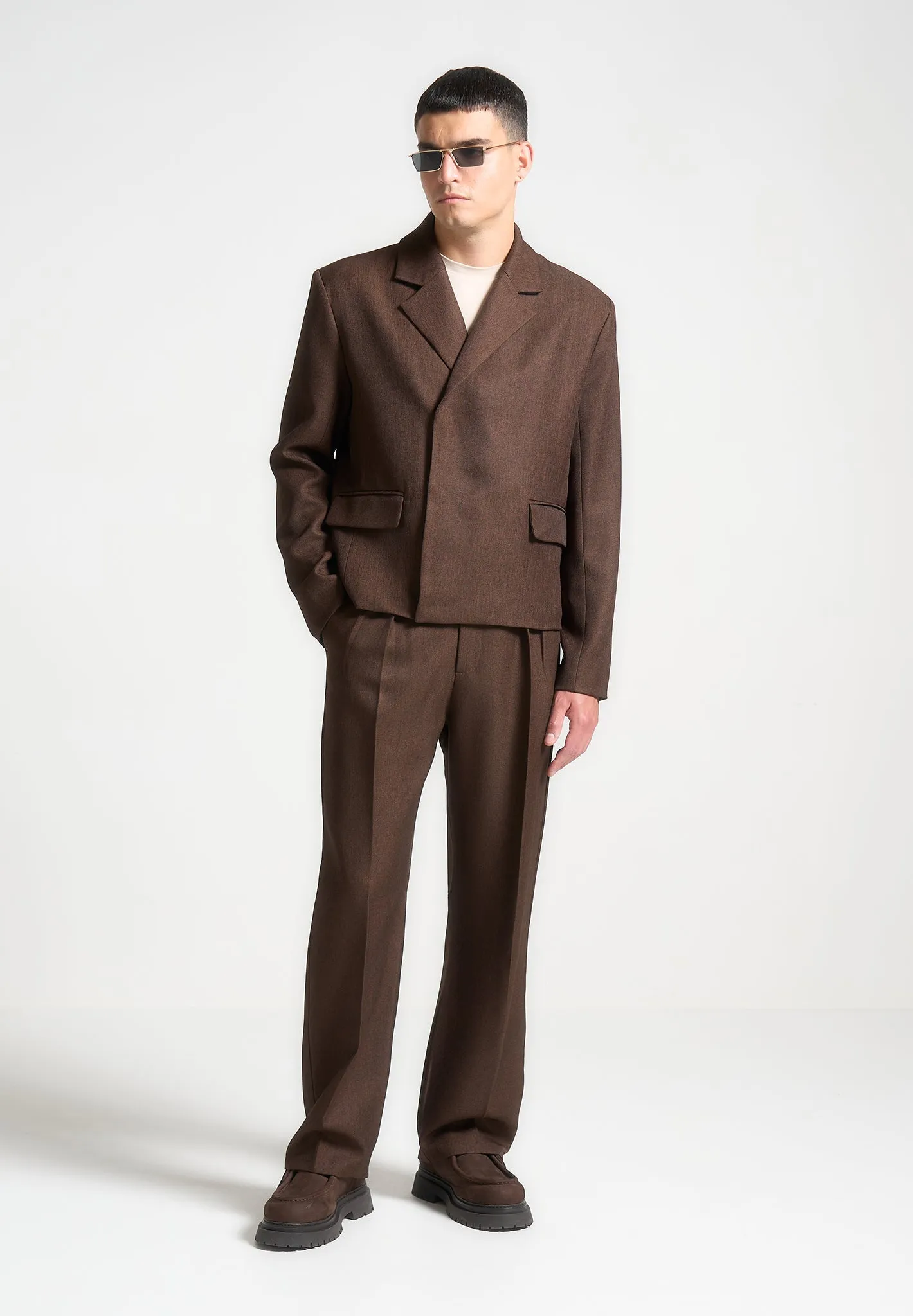 Relaxed Fit Twin Pleat Tailored Trousers - Brown