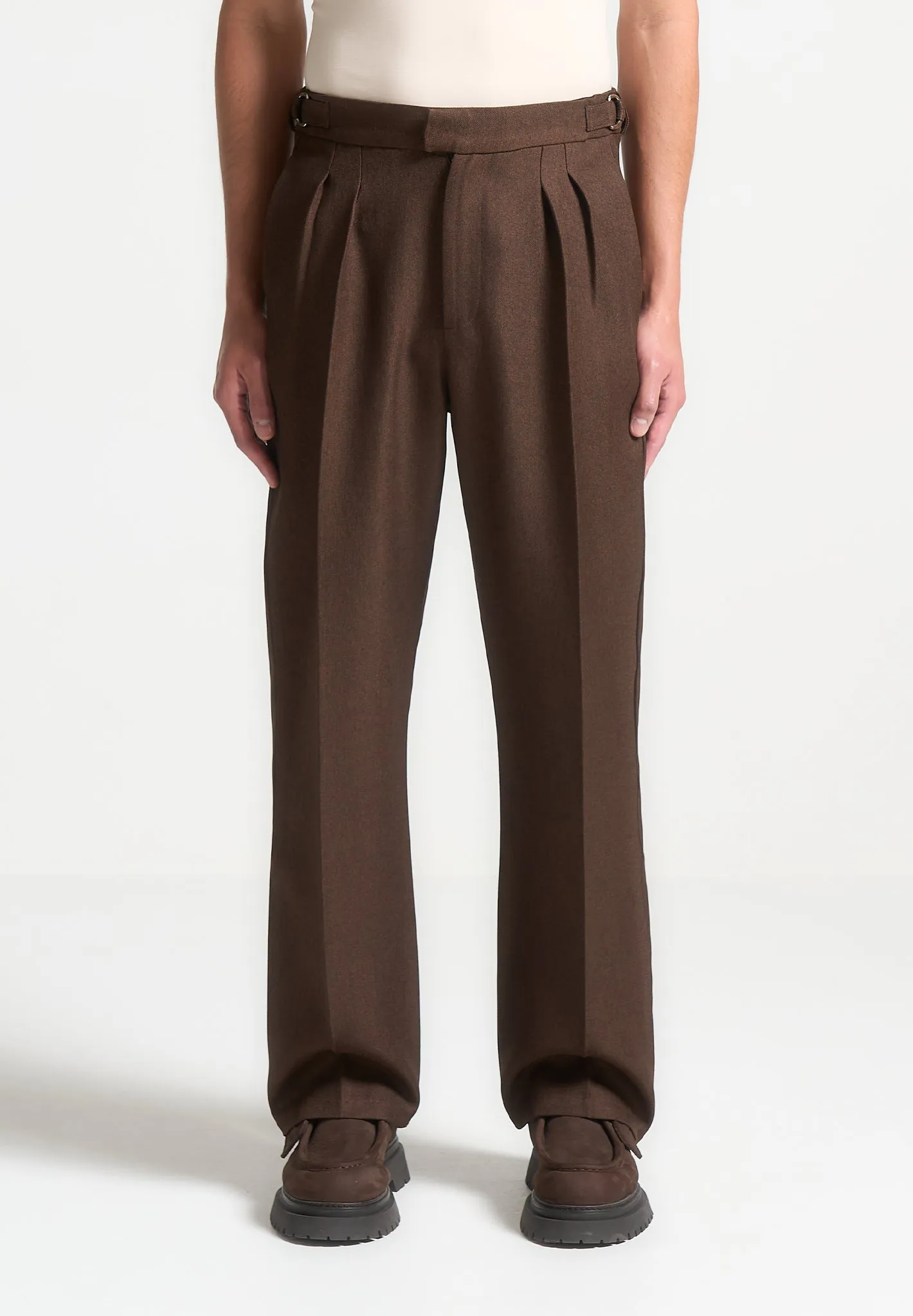 Relaxed Fit Twin Pleat Tailored Trousers - Brown