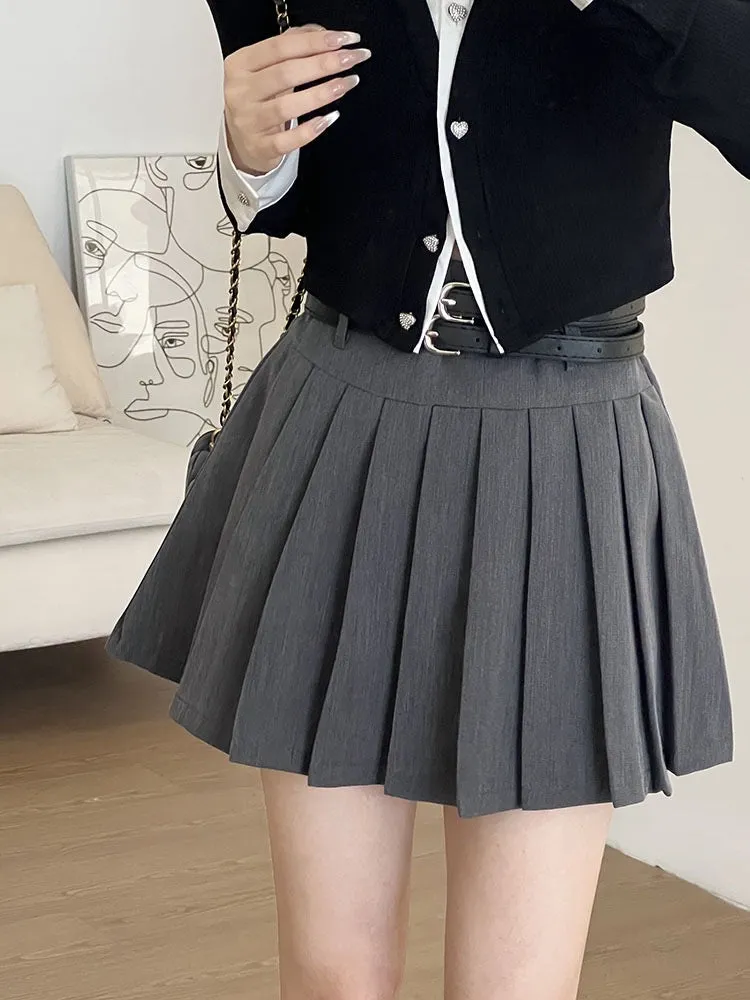 RENA American campus style girl double belt design high waist slimming all-match A-line skirt anti-light pleated skirt (Copy)