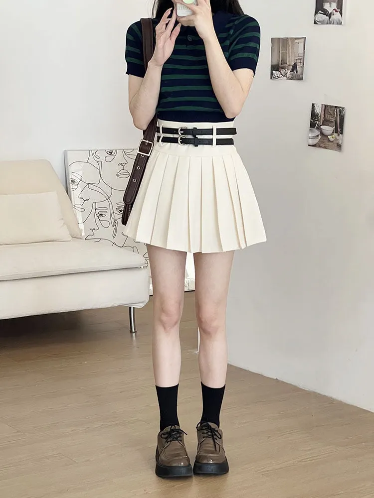 RENA American campus style girl double belt design high waist slimming all-match A-line skirt anti-light pleated skirt (Copy)