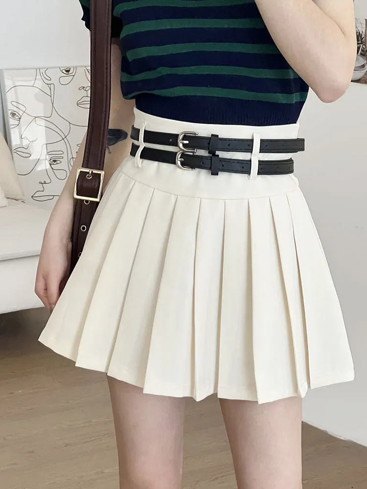 RENA American campus style girl double belt design high waist slimming all-match A-line skirt anti-light pleated skirt (Copy)