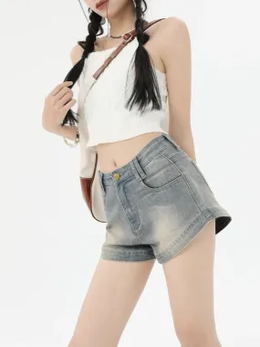 Retro distressed washed denim shorts for women in summer high-waisted elastic slim hot girl a-line hip-hugging hot pants trendy 