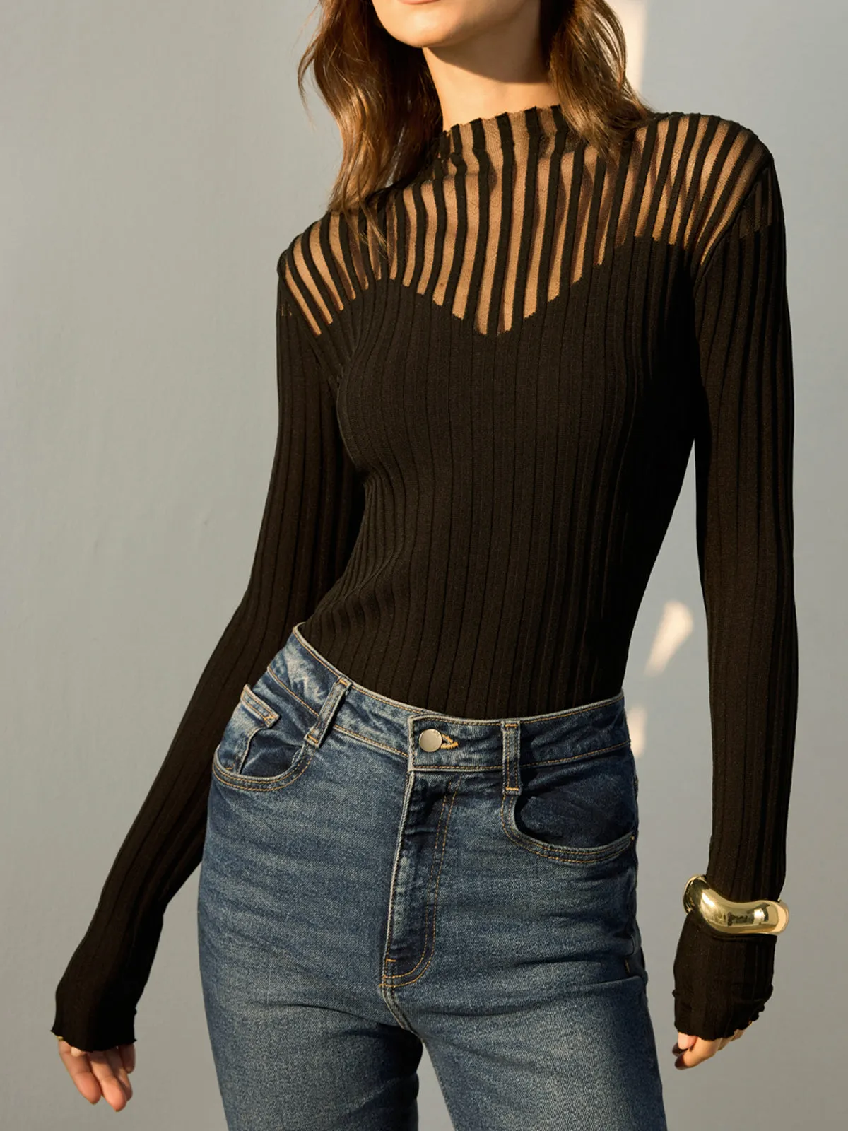 Ribbed Sheer-Shoulder Knit Top