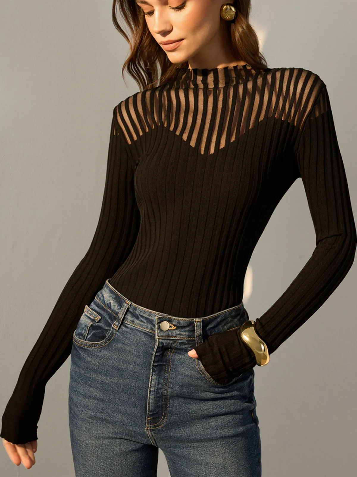 Ribbed Sheer-Shoulder Knit Top