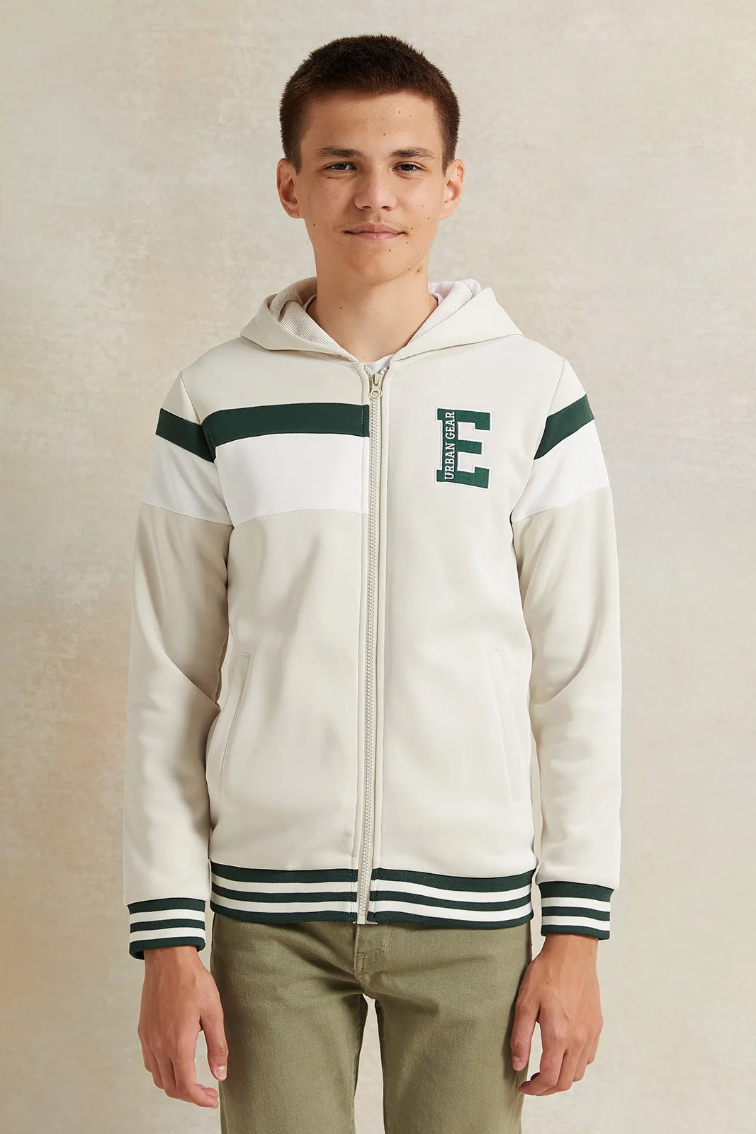 Senior Boys Beige Cut And Sew Hooded Sweatshirt