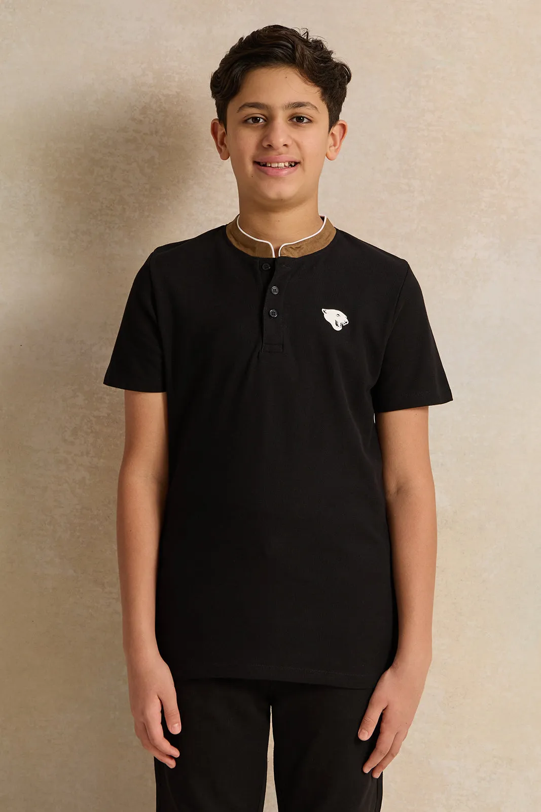 Senior Boys Black Mandarin Collar Polo Shirt