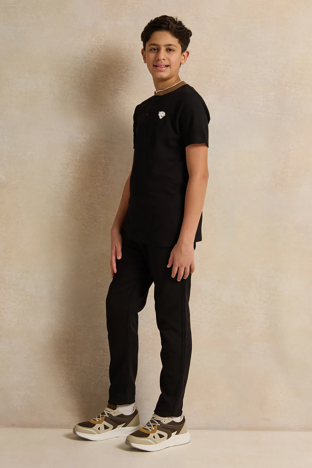 Senior Boys Black Mandarin Collar Polo Shirt