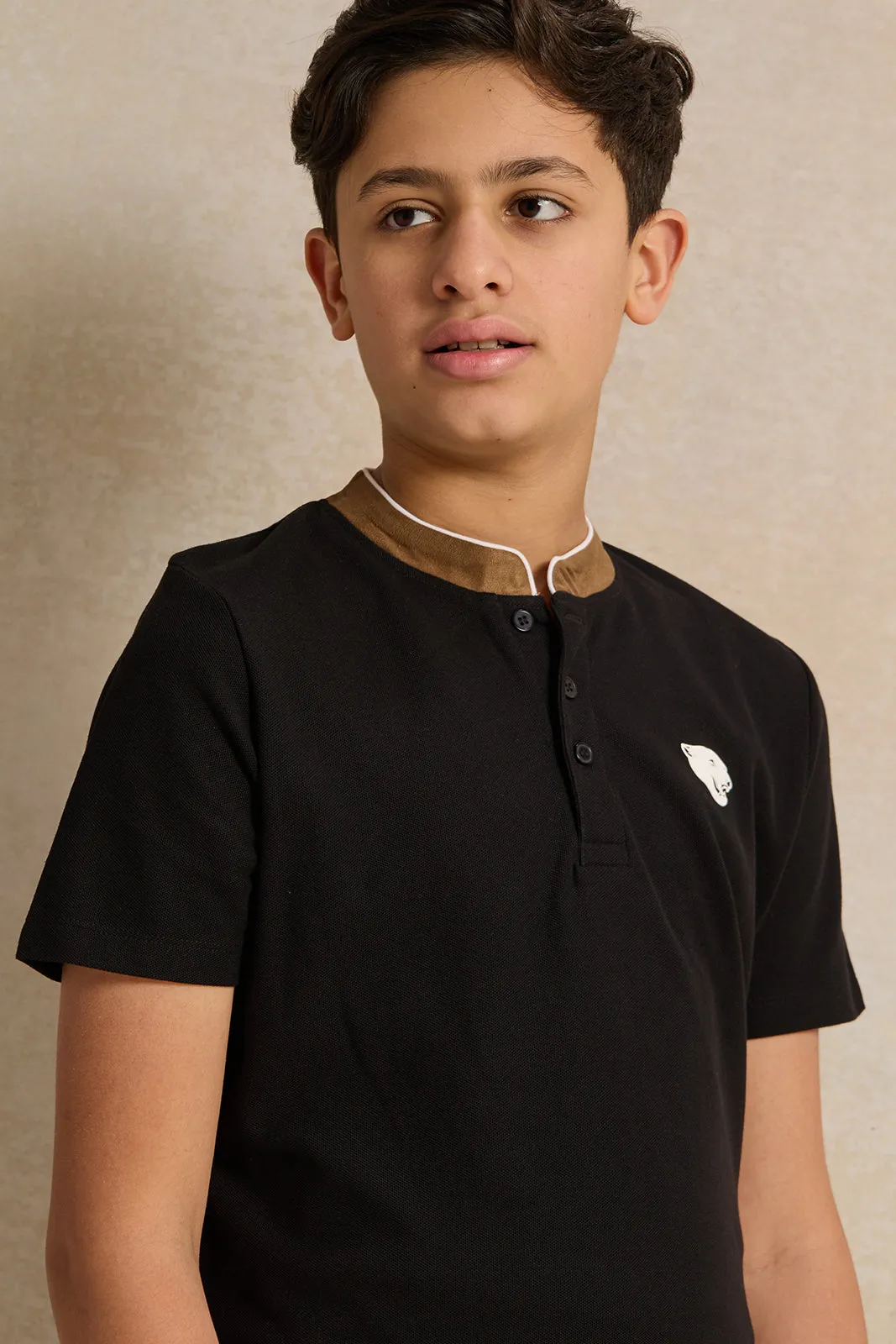 Senior Boys Black Mandarin Collar Polo Shirt