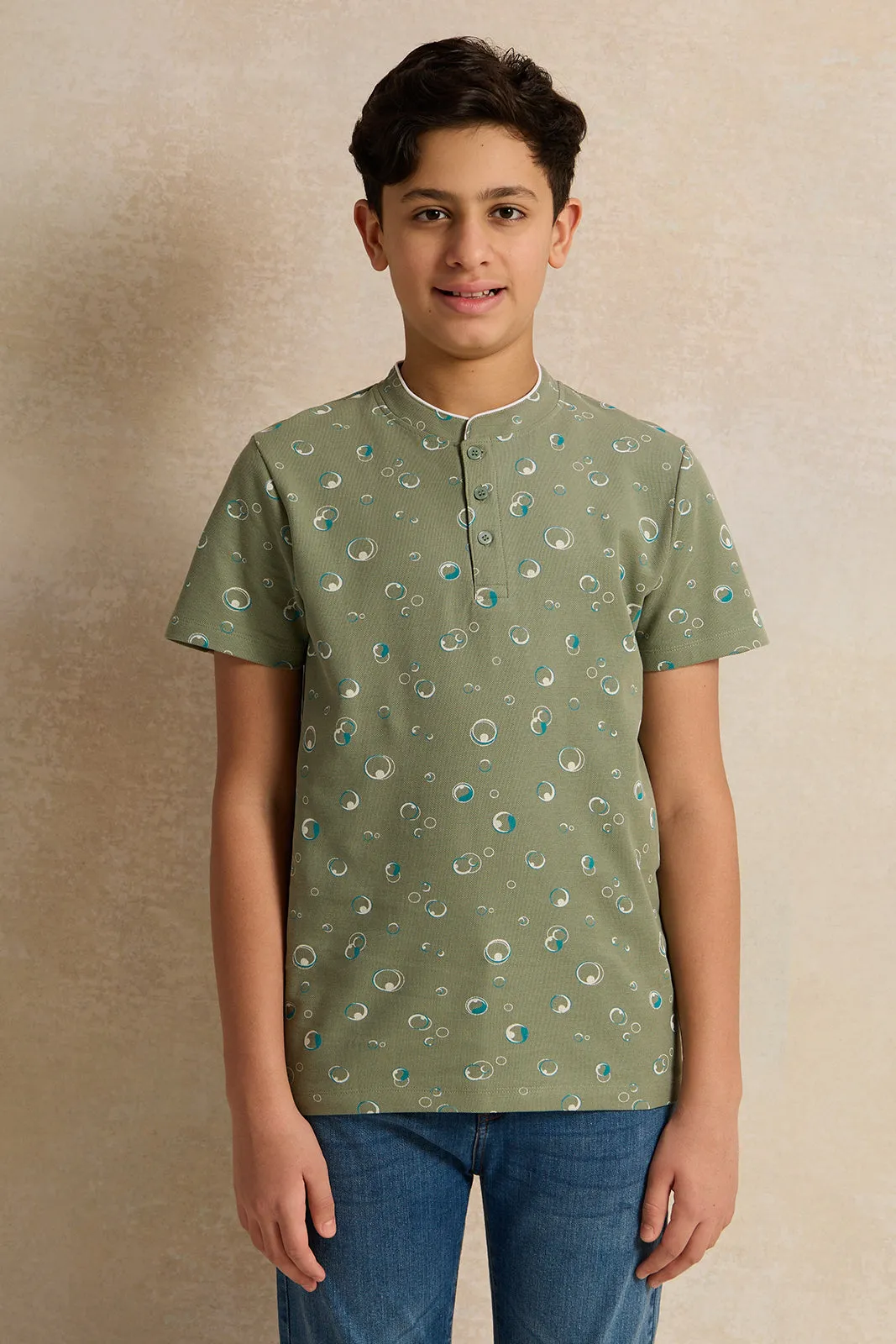 Senior Boys Green Printed Polo Shirt