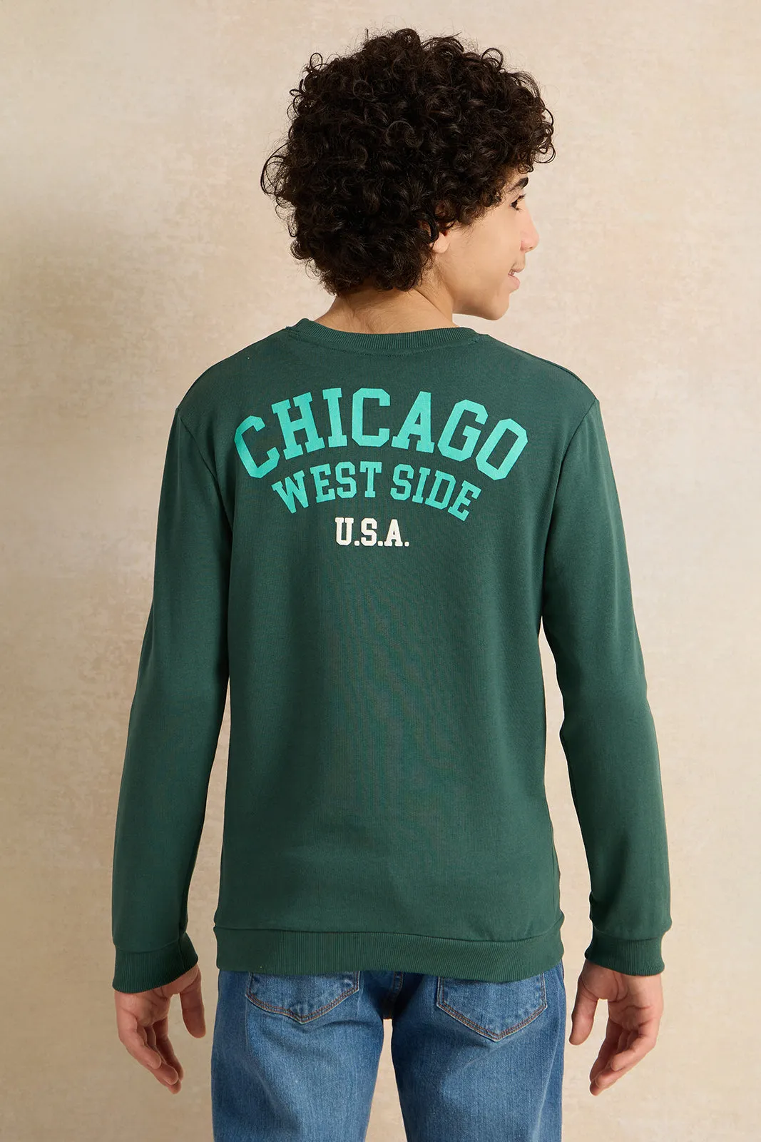 Senior Boys Green Printed Sweatshirt